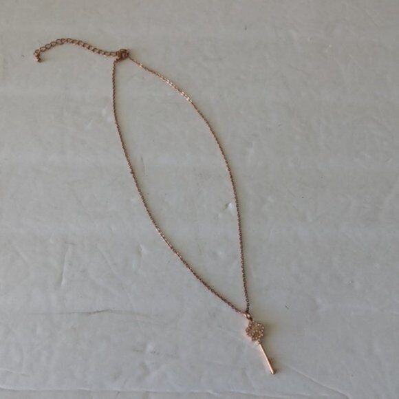 Rose Gold Plated Necklace w Key Charm Pendant  W Cubic Zirconia Stones - Picture 9 of 13
